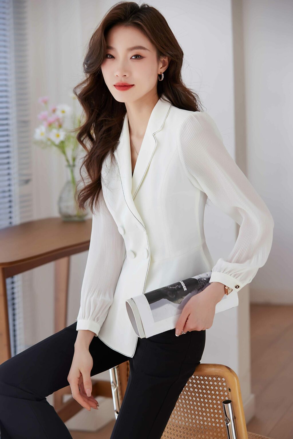 PN3706-7 เสื้อสูทเบลเซอร์ทำงานผู้หญิงสีขาวปกป้านแขนยาวซีทรู