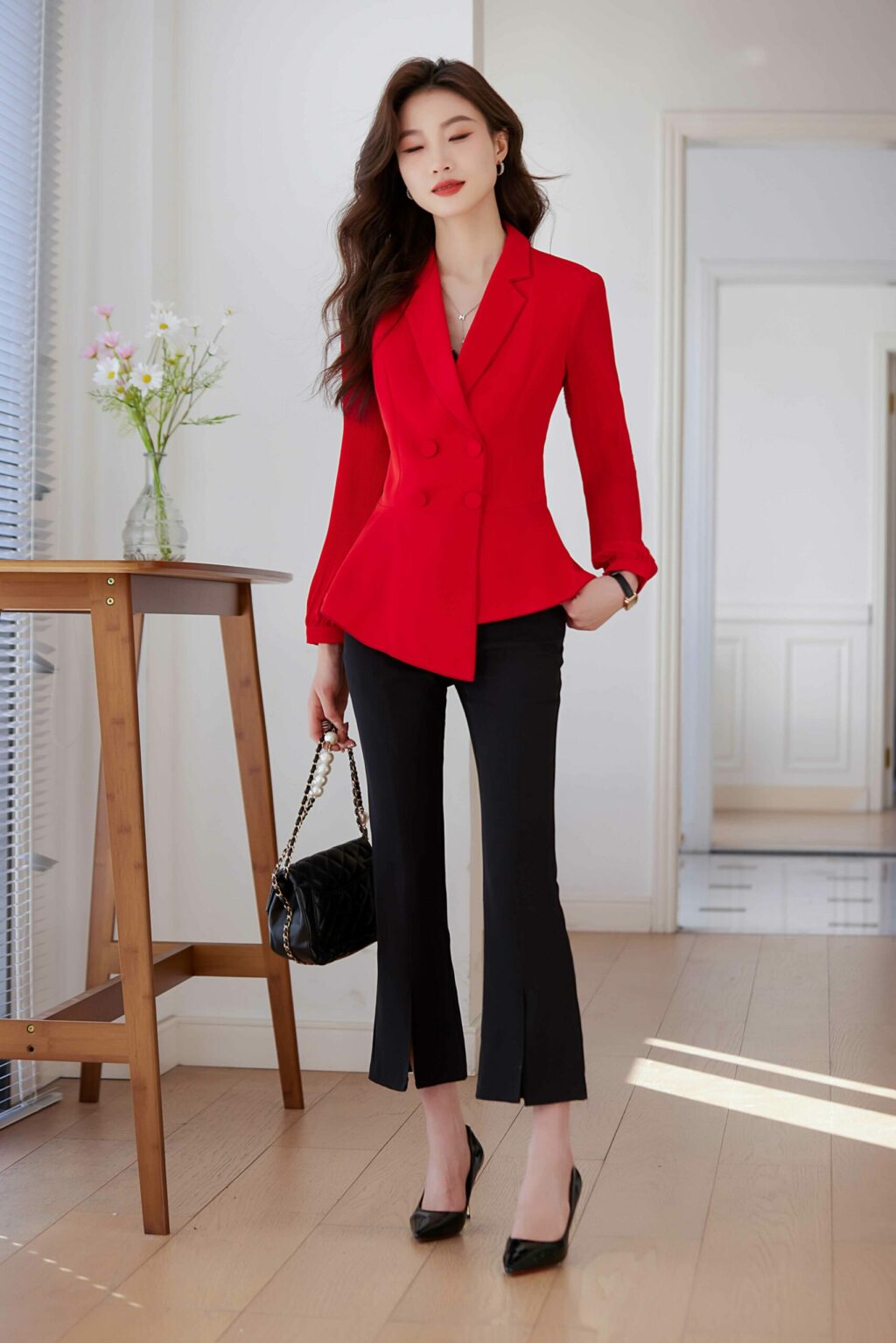 PN3707-1 เสื้อสูทเบลเซอร์ทำงานผู้หญิงสีแดงปกป้านแขนยาวซีทรู