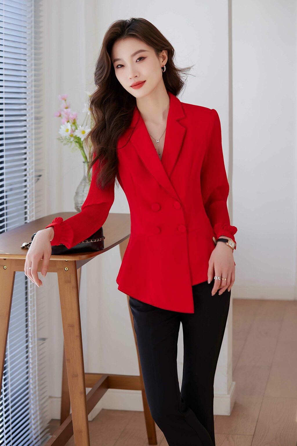 PN3707-4 เสื้อสูทเบลเซอร์ทำงานผู้หญิงสีแดงปกป้านแขนยาวซีทรู