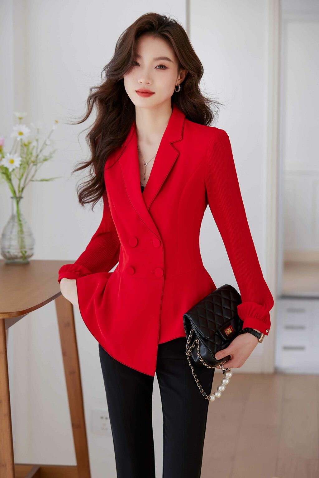 PN3707-5 เสื้อสูทเบลเซอร์ทำงานผู้หญิงสีแดงปกป้านแขนยาวซีทรู