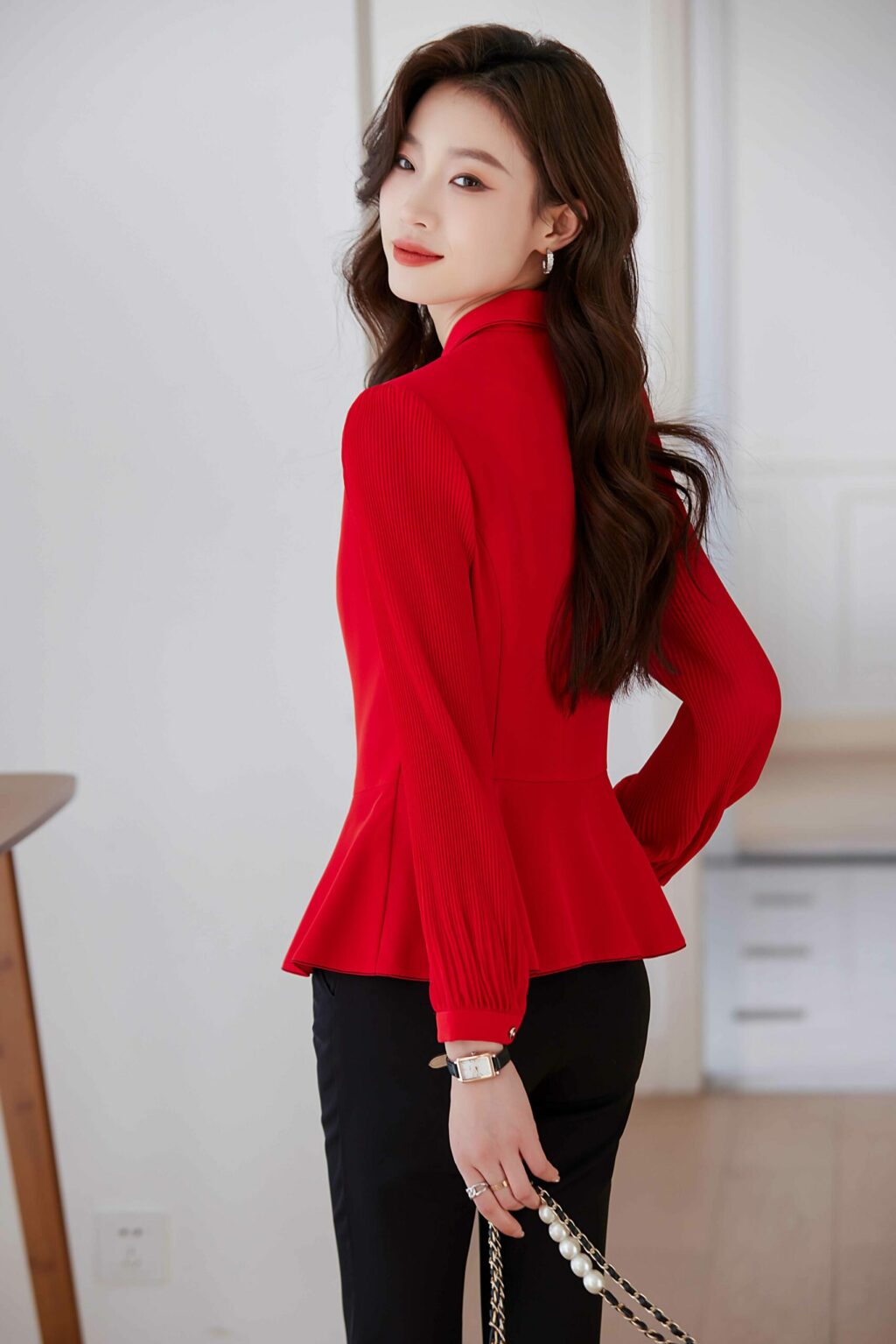 PN3707-7 เสื้อสูทเบลเซอร์ทำงานผู้หญิงสีแดงปกป้านแขนยาวซีทรู