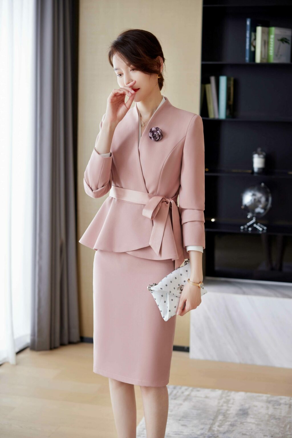 PN3712-7 ชุดสูททำงานผู้หญิงสีชมพูไม่แต่งปกแขนยาวมาพร้อมกระโปรง