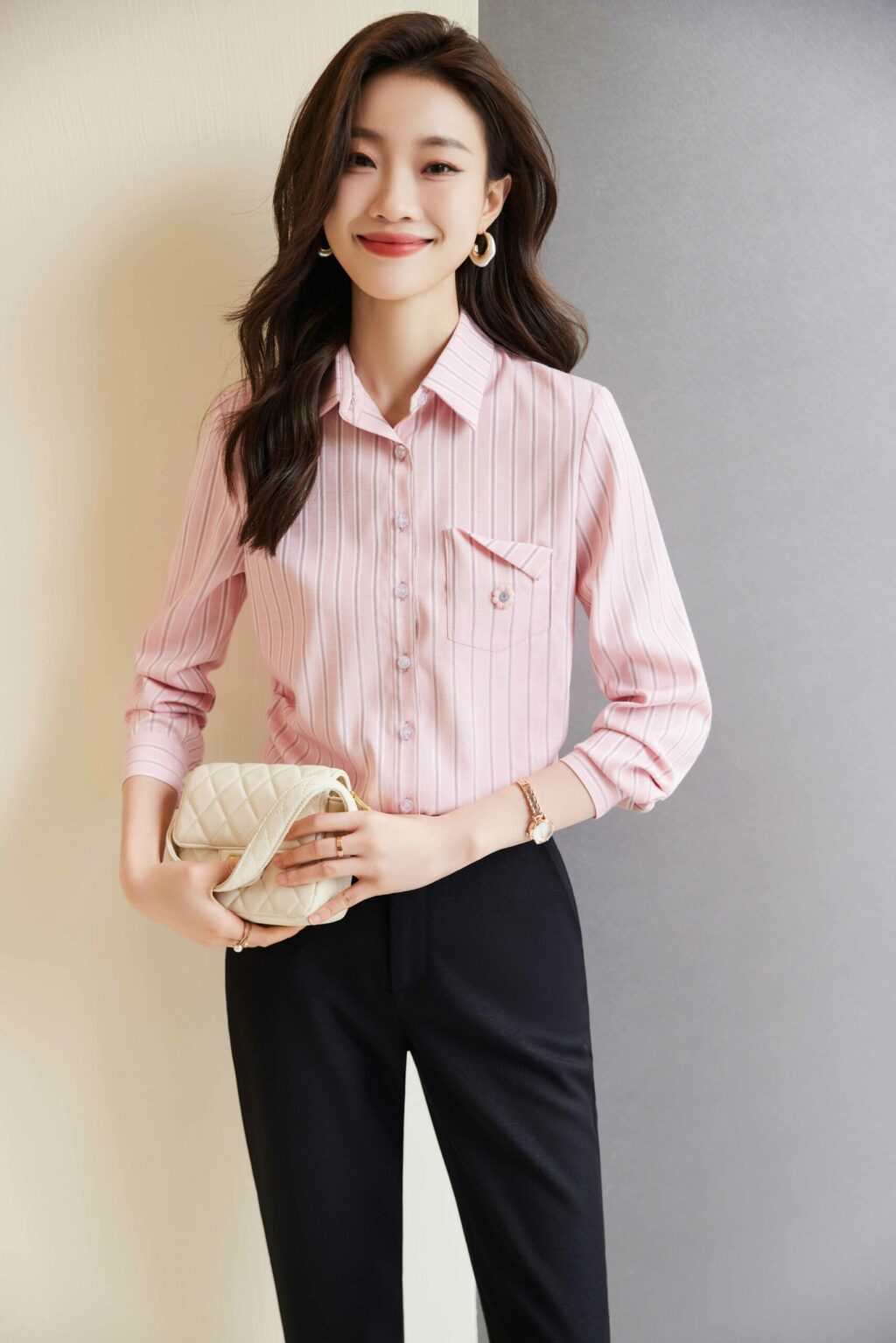 PN3714-7 เสื้อเชิ้ตทำงานผู้หญิงสีชมพูคอปกแต่งลายทางแขนยาว