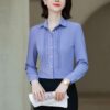 เสื้อเชิ้ตทำงานผู้หญิงสีเทาคอปกแต่งลายตรงอกแขนยาว