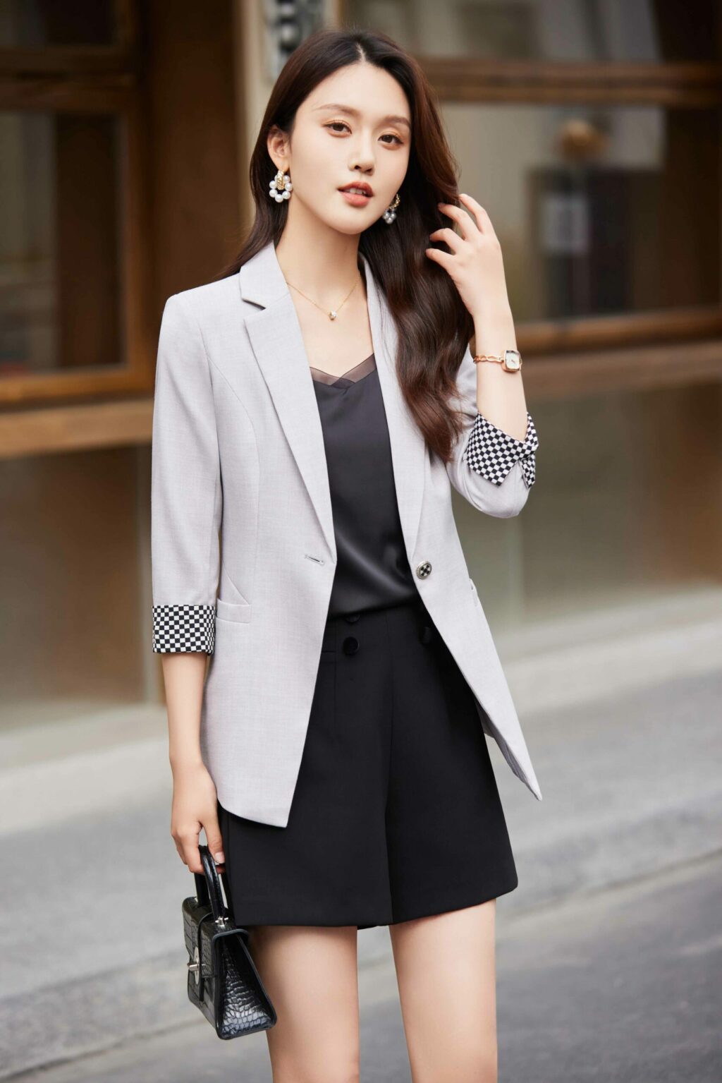 PN3746-3 เสื้อสูทเบลเซอร์ทำงานผู้หญิงสีเทาปกป้านแขนห้าส่วน