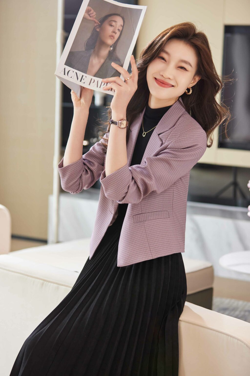 PN3752-11 เสื้อเบลเซอร์ผู้หญิงสีม่วงปกป้านแต่งกระดุมแขนยาว ผ้าทอ