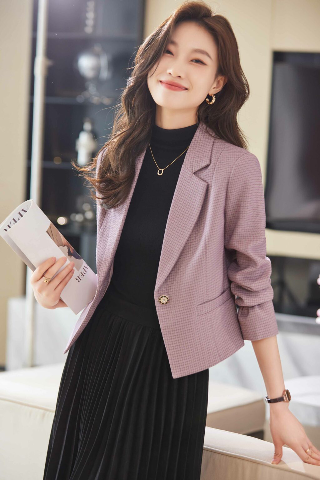 PN3752-9 เสื้อเบลเซอร์ผู้หญิงสีม่วงปกป้านแต่งกระดุมแขนยาว ผ้าทอ