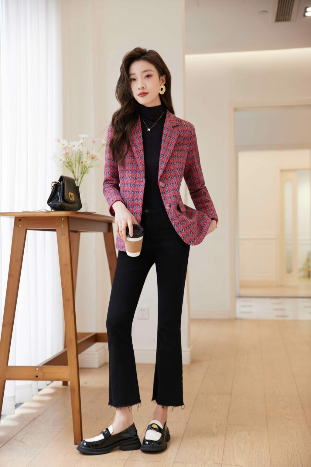 PN3753-1 เสื้อเบลเซอร์ทำงานผู้หญิงสีแดงแต่งกระดุมแขนยาว