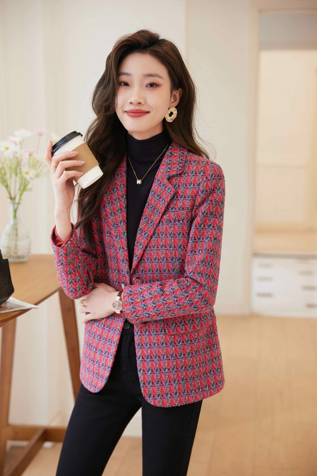 PN3753-3 เสื้อเบลเซอร์ทำงานผู้หญิงสีแดงแต่งกระดุมแขนยาว