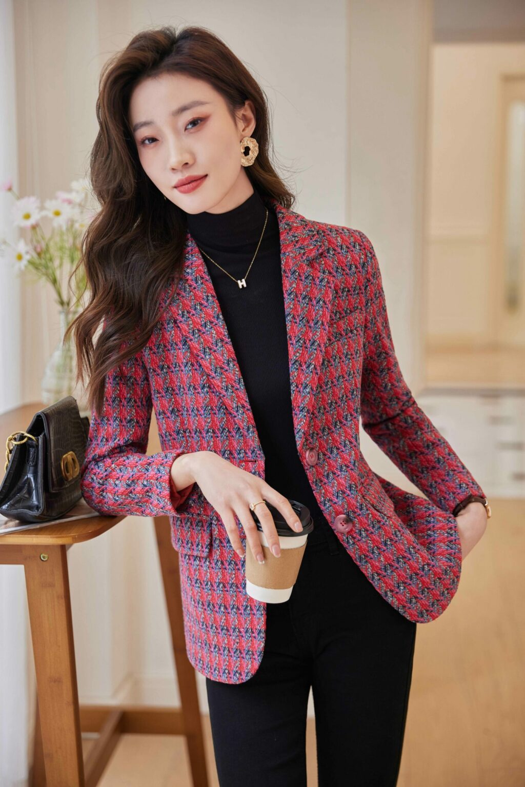 PN3753-4 เสื้อเบลเซอร์ทำงานผู้หญิงสีแดงแต่งกระดุมแขนยาว