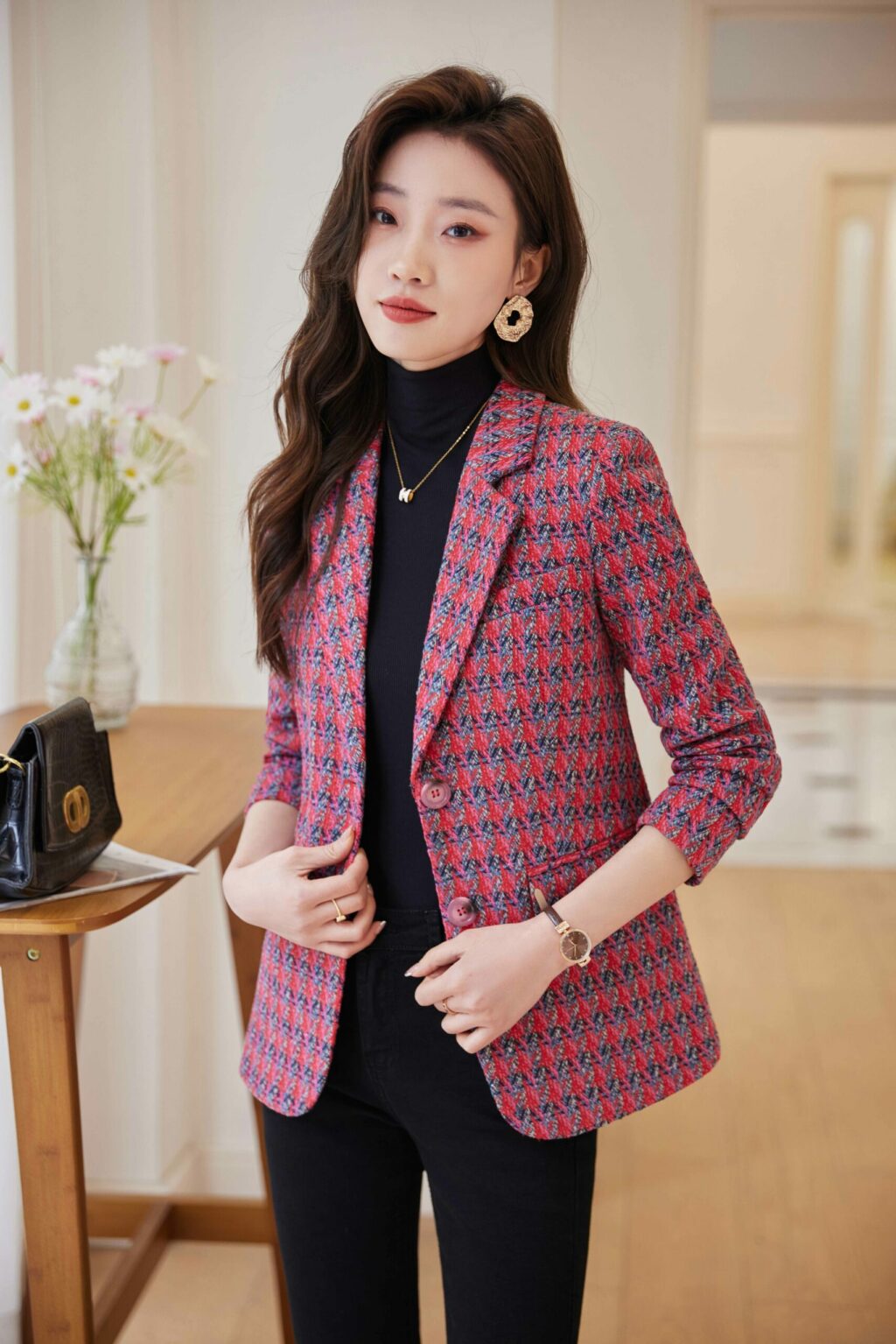 PN3753-5 เสื้อเบลเซอร์ทำงานผู้หญิงสีแดงแต่งกระดุมแขนยาว
