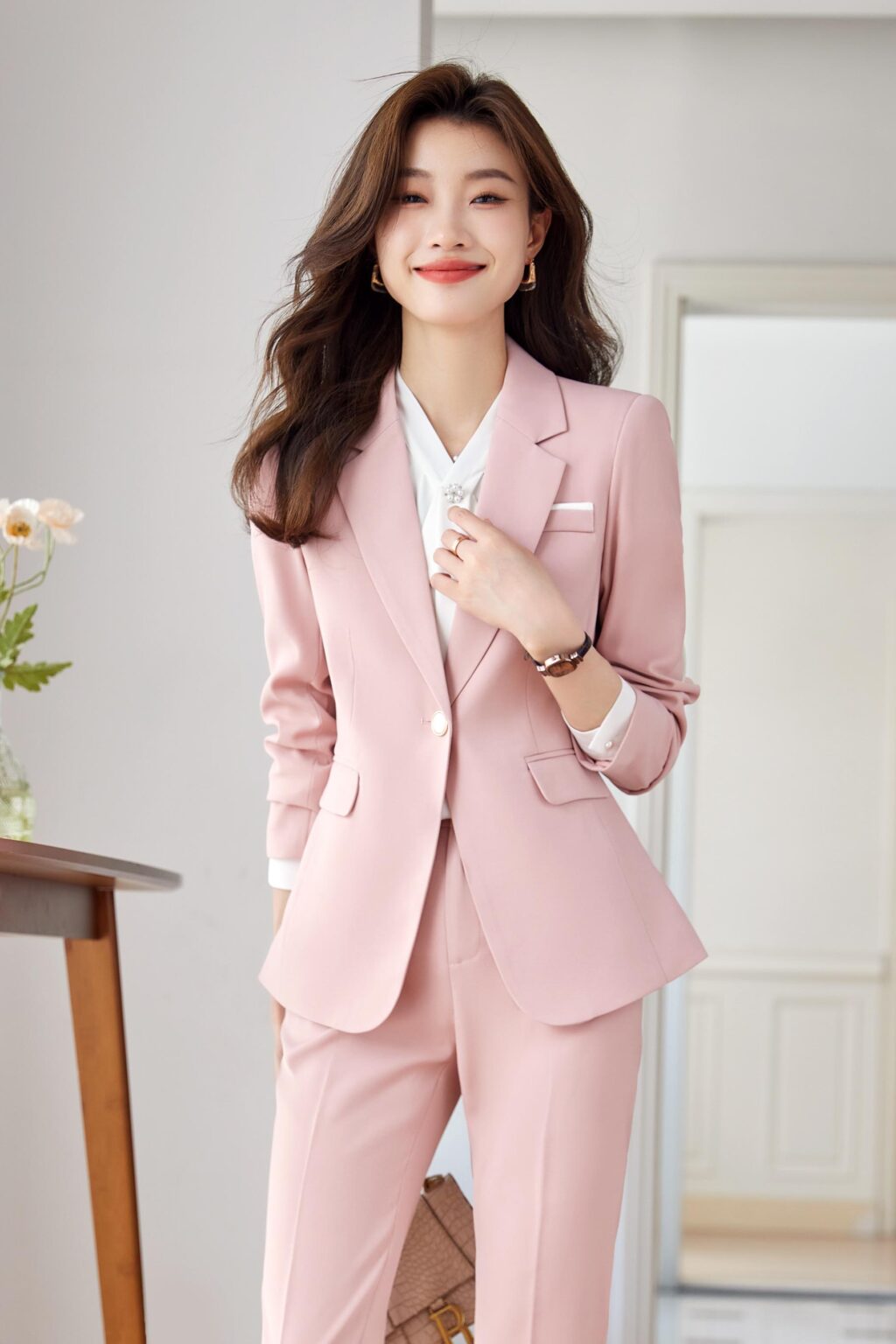 PN3775-Thumb ชุดสูททำงานผู้หญิงสีชมพูแต่งปกป้านแขนยาวมาพร้อมกางเกง