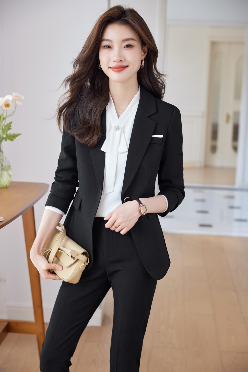 PN3776-6 ชุดสูททำงานผู้หญิงสีดำแต่งปกป้านแขนยาวมาพร้อมกางเกง