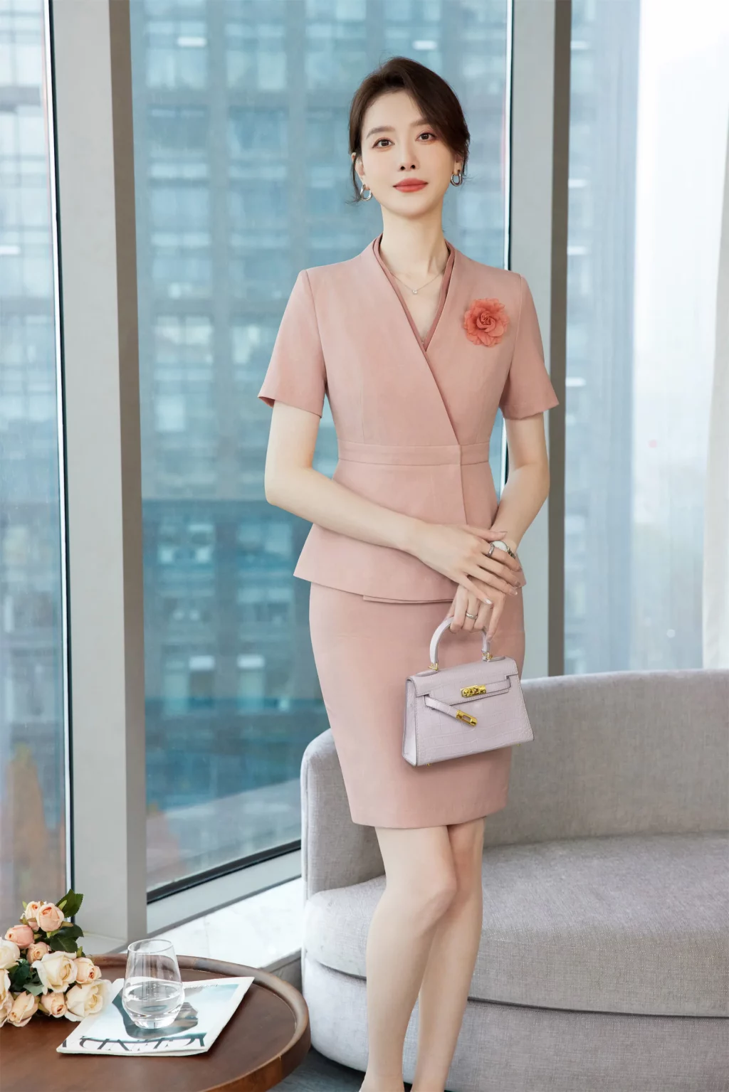 PN3826-6 ชุดสูททำงานผู้หญิงสีชมพูไม่แต่งปกแขนสั้นมาพร้อมกระโปรง
