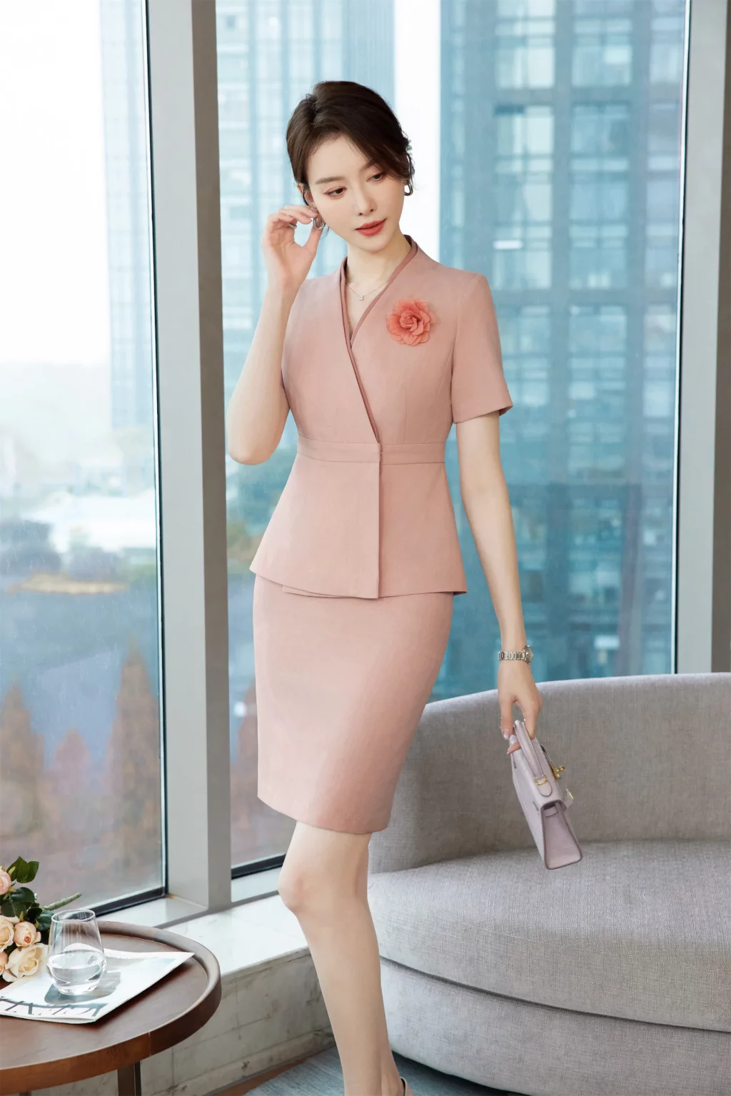 PN3826-8 ชุดสูททำงานผู้หญิงสีชมพูไม่แต่งปกแขนสั้นมาพร้อมกระโปรง