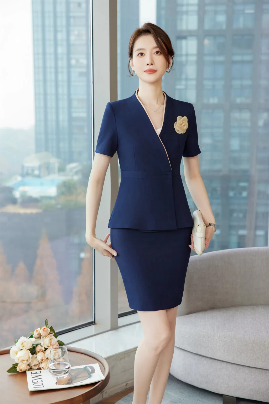 PN3827-3 ชุดสูททำงานผู้หญิงสีน้ำเงินไม่แต่งปกแขนสั้นมาพร้อมกระโปรง