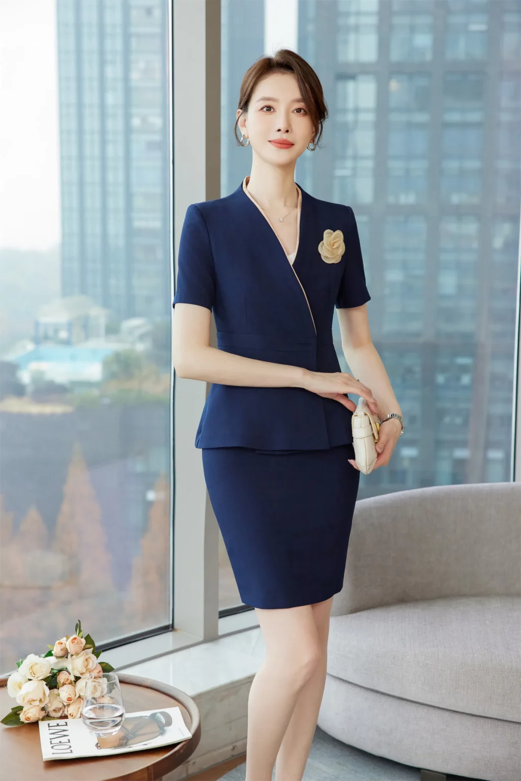 PN3827-4 ชุดสูททำงานผู้หญิงสีน้ำเงินไม่แต่งปกแขนสั้นมาพร้อมกระโปรง
