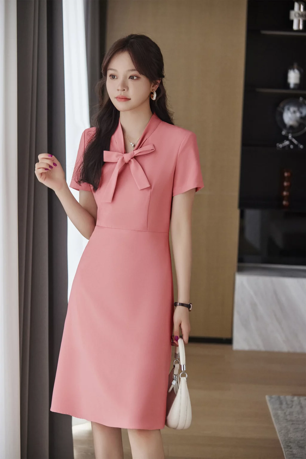 PN3839-5 เดรสทำงานผู้หญิงสีชมพูคอวีแต่งโบว์แขนสั้น