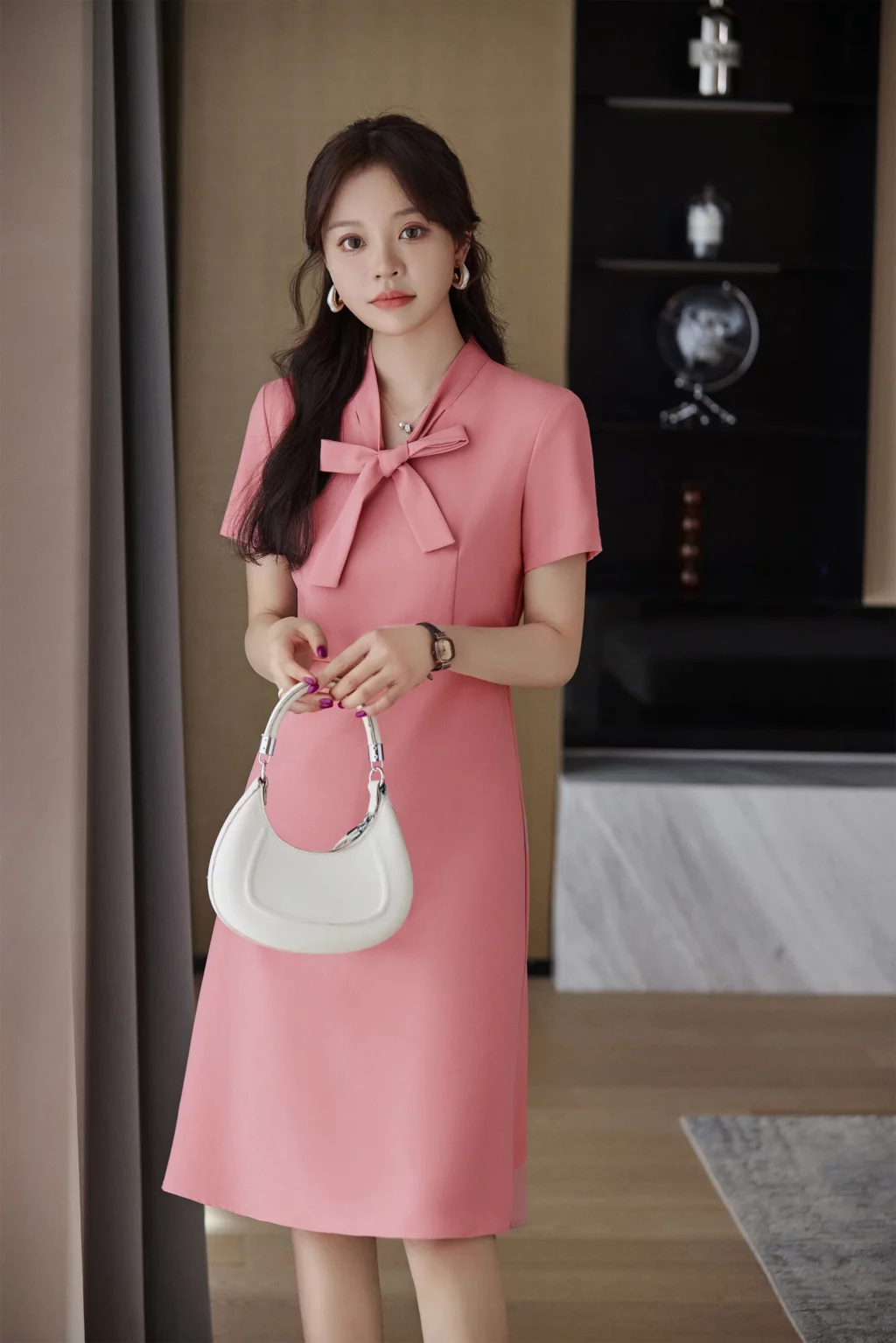 PN3839-6 เดรสทำงานผู้หญิงสีชมพูคอวีแต่งโบว์แขนสั้น