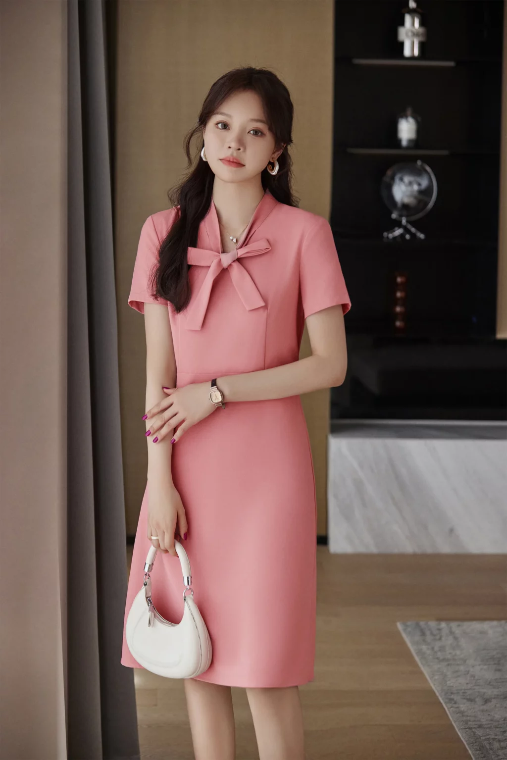 PN3839-7 เดรสทำงานผู้หญิงสีชมพูคอวีแต่งโบว์แขนสั้น