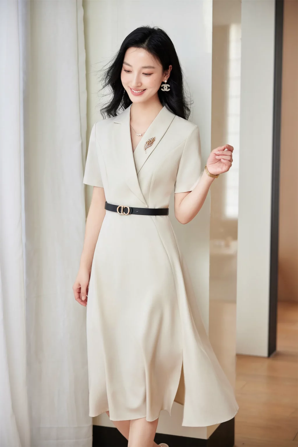 PN3855-8 เดรสทำงานผู้หญิงสีครีมคอปกแขนสั้นกระโปรงยาวผ่าหน้า