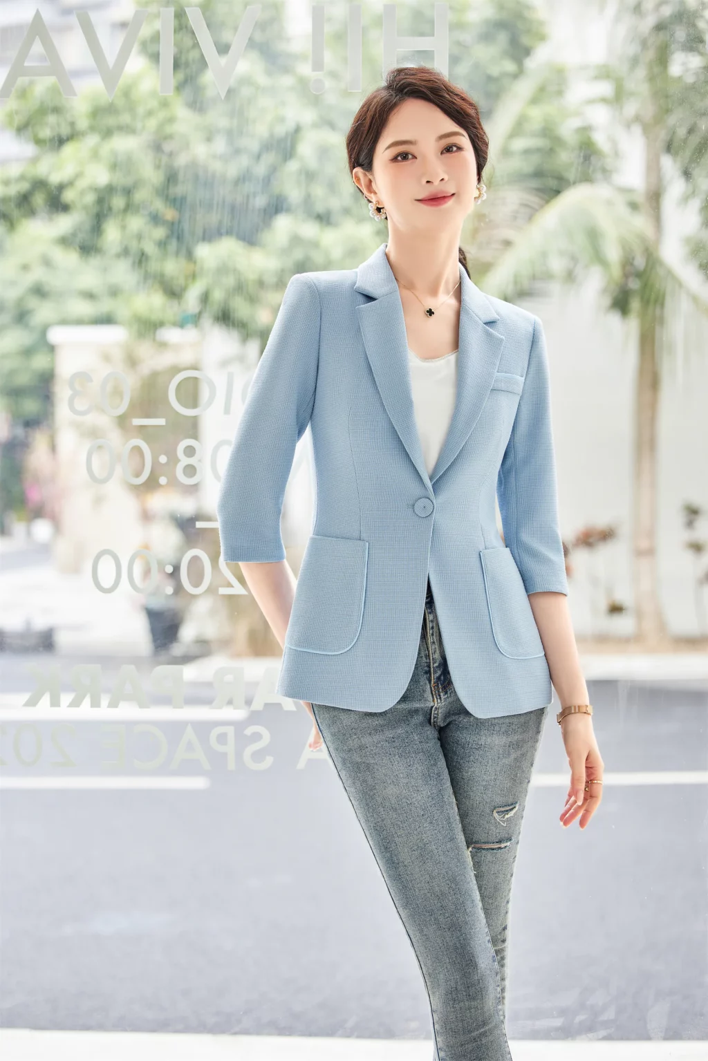 PN3857-6 เสื้อเบลเซอร์ผู้หญิงสีฟ้าปกป้านแขนสามส่วนแต่งกระเป๋าจริง