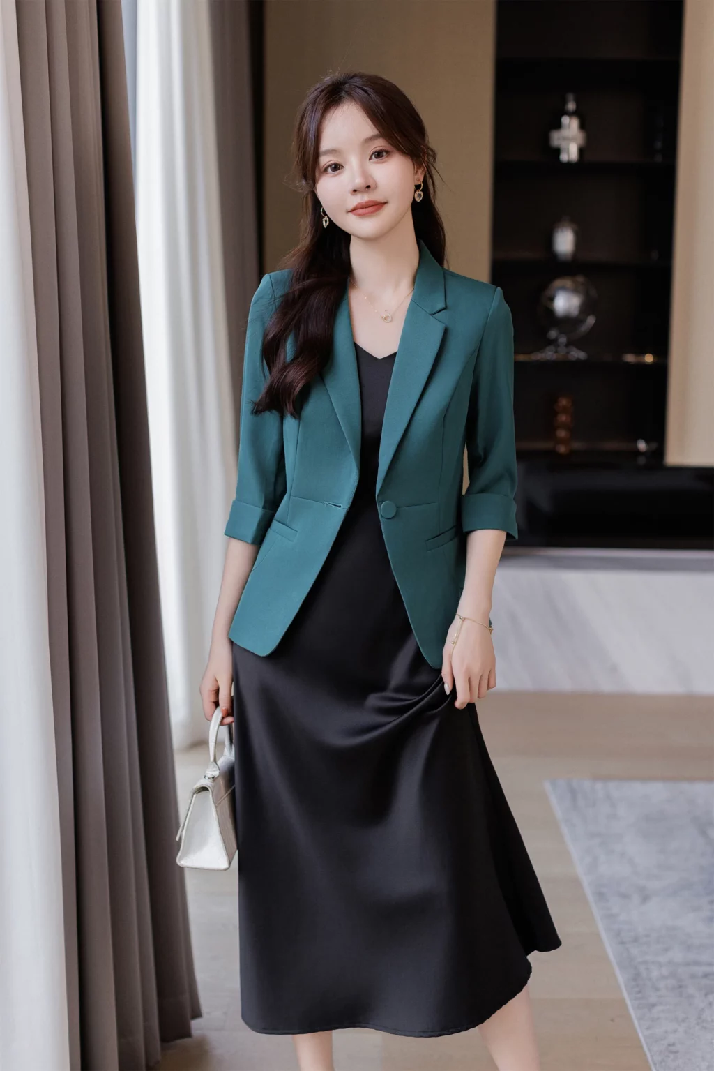 PN3861-2 เสื้อสูทเบลเซอร์ทำงานผู้หญิงสีเขียวปกป้านแขนห้าส่วน