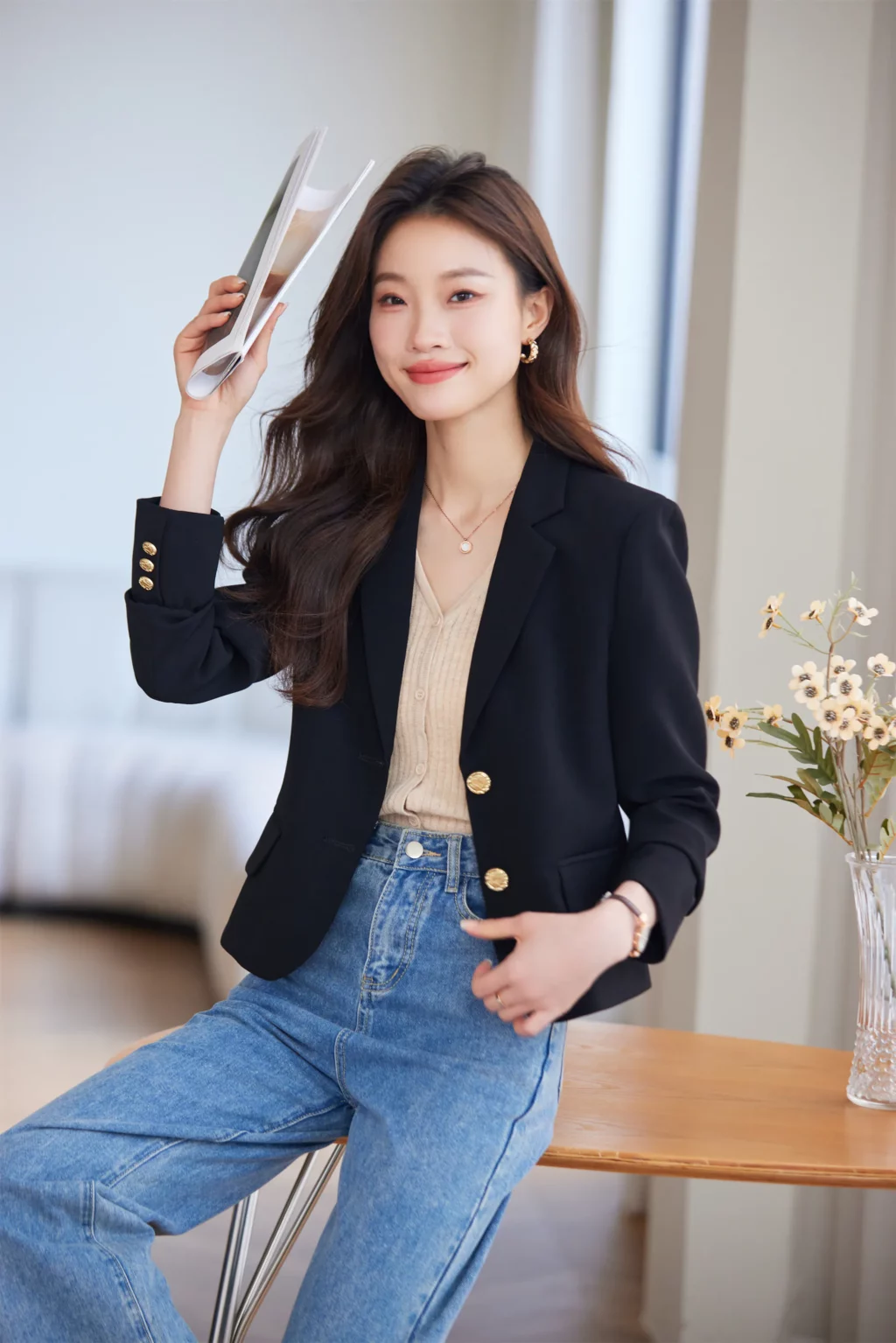 PN3875-12 เสื้อเบลเซอร์ผู้หญิงสีดำปกป้านแต่งกระดุมแขนยาว