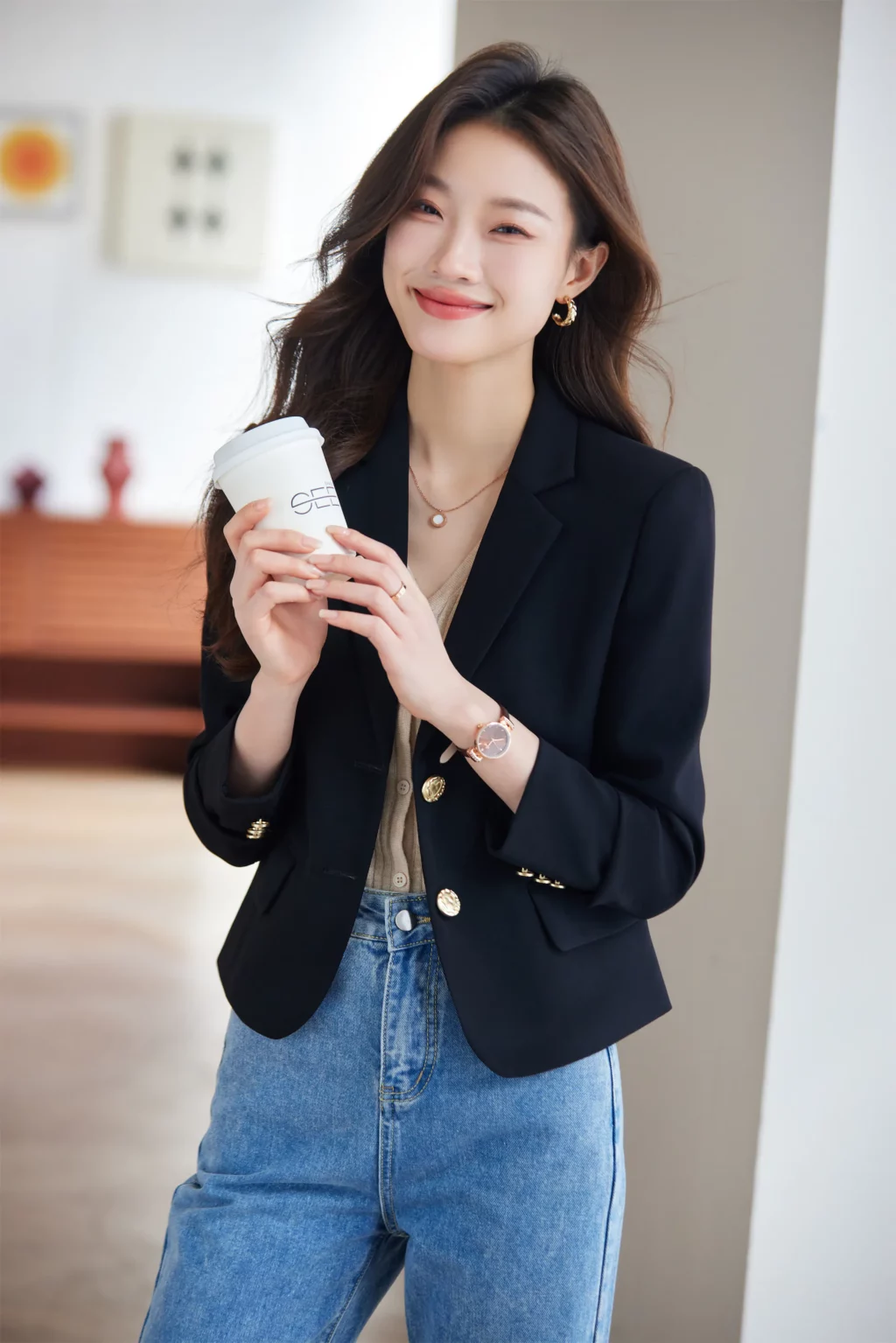 PN3875-4 เสื้อเบลเซอร์ผู้หญิงสีดำปกป้านแต่งกระดุมแขนยาว