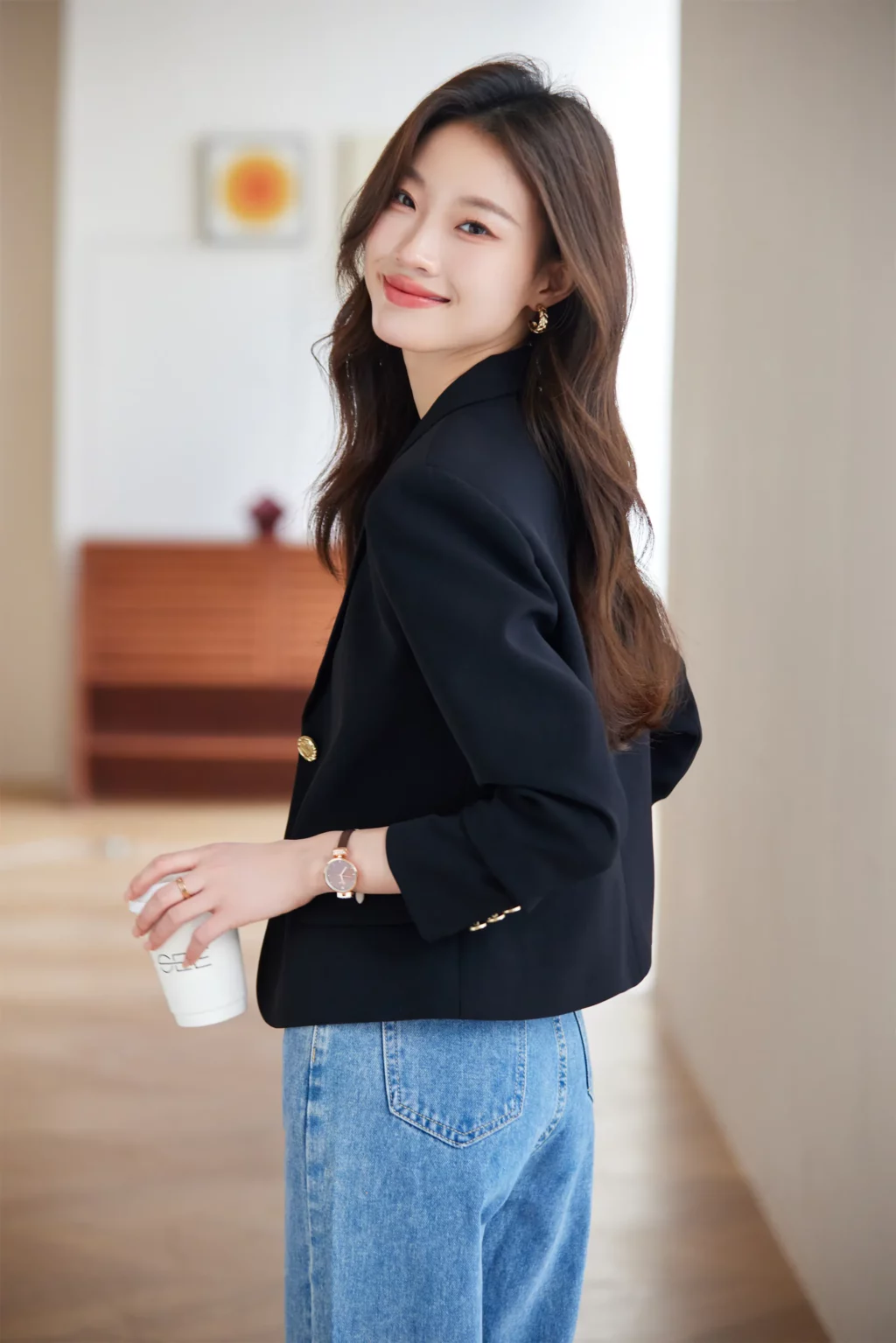 PN3875-5 เสื้อเบลเซอร์ผู้หญิงสีดำปกป้านแต่งกระดุมแขนยาว