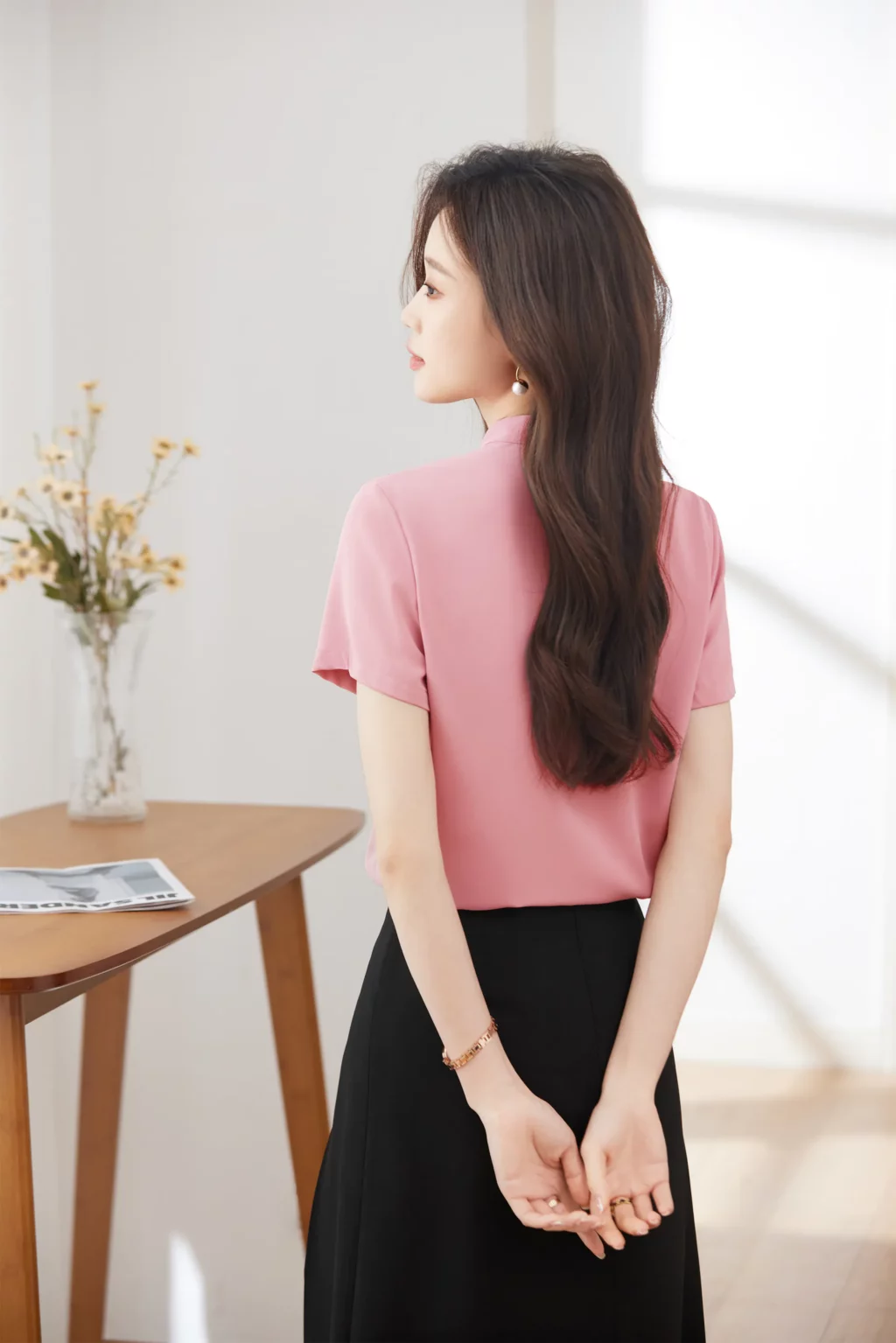 PN3895-1 เสื้อเชิ้ตทำงานผู้หญิงสีชมพูแต่งระบายแขนสั้น