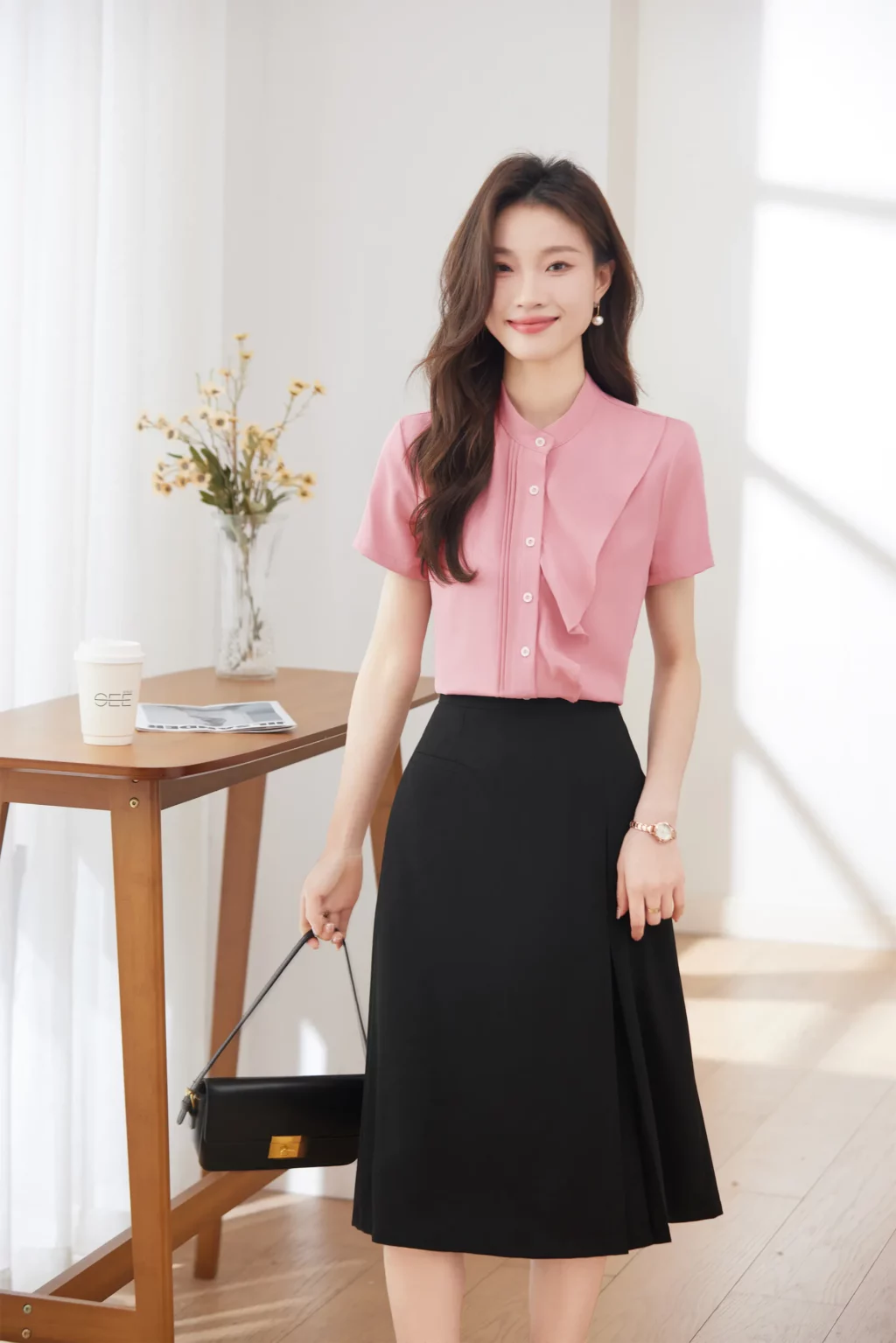 PN3895-2 เสื้อเชิ้ตทำงานผู้หญิงสีชมพูแต่งระบายแขนสั้น