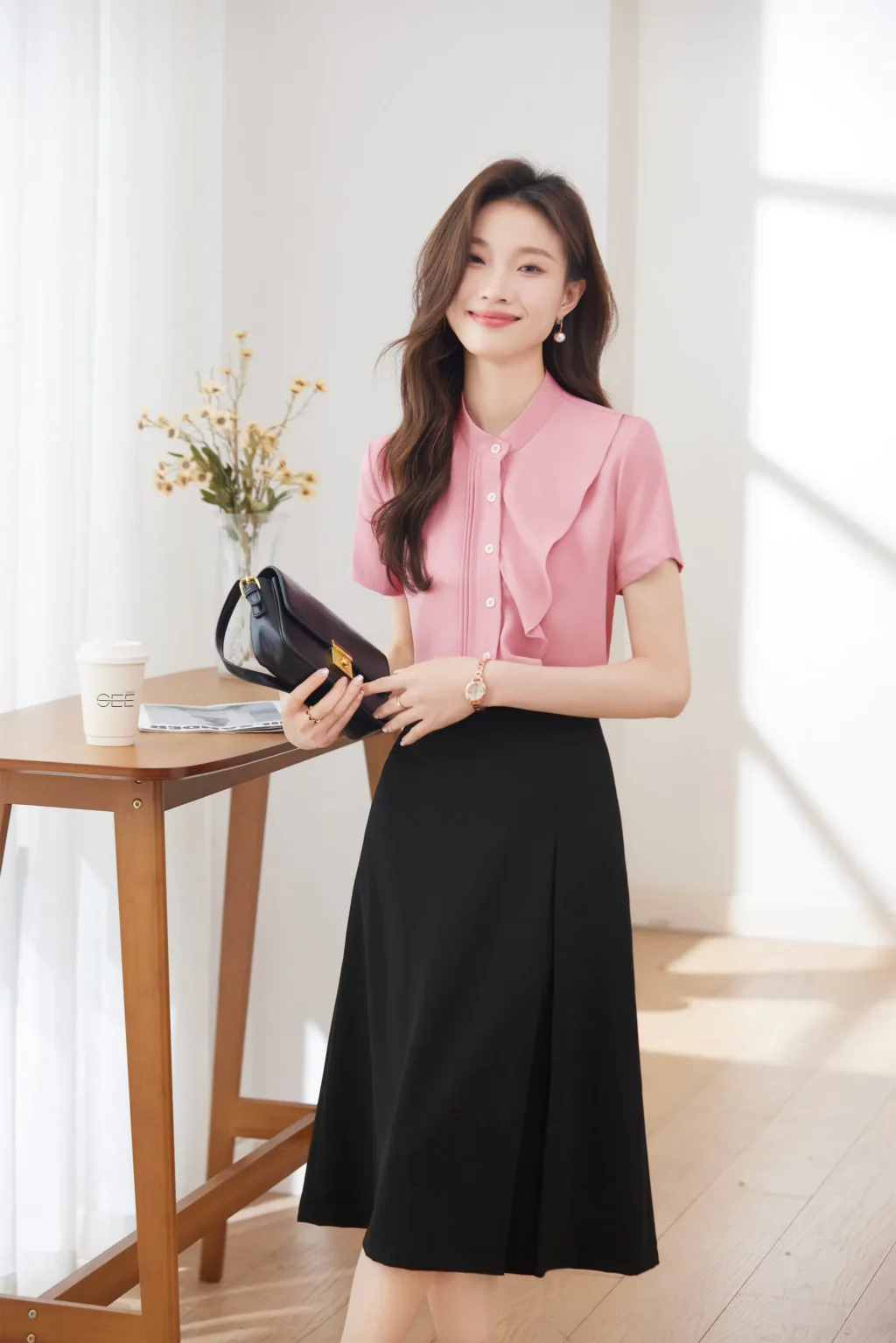 PN3895-3 เสื้อเชิ้ตทำงานผู้หญิงสีชมพูแต่งระบายแขนสั้น