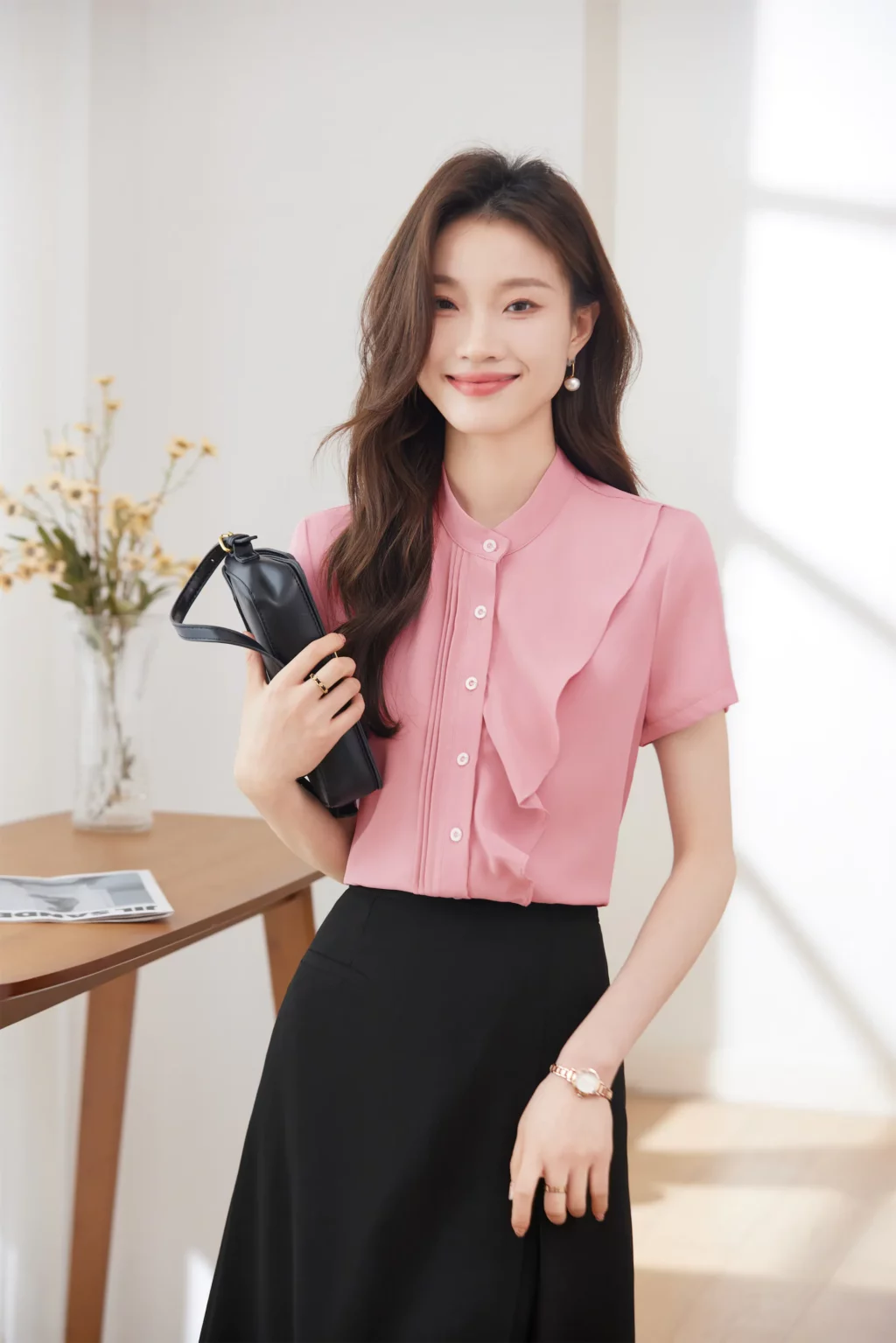 PN3895-4 เสื้อเชิ้ตทำงานผู้หญิงสีชมพูแต่งระบายแขนสั้น