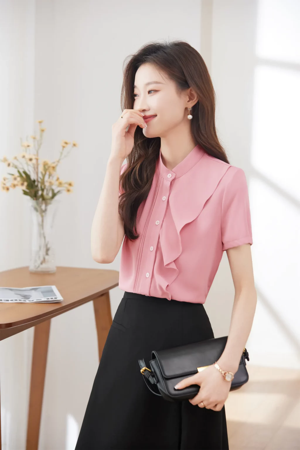 PN3895-5 เสื้อเชิ้ตทำงานผู้หญิงสีชมพูแต่งระบายแขนสั้น