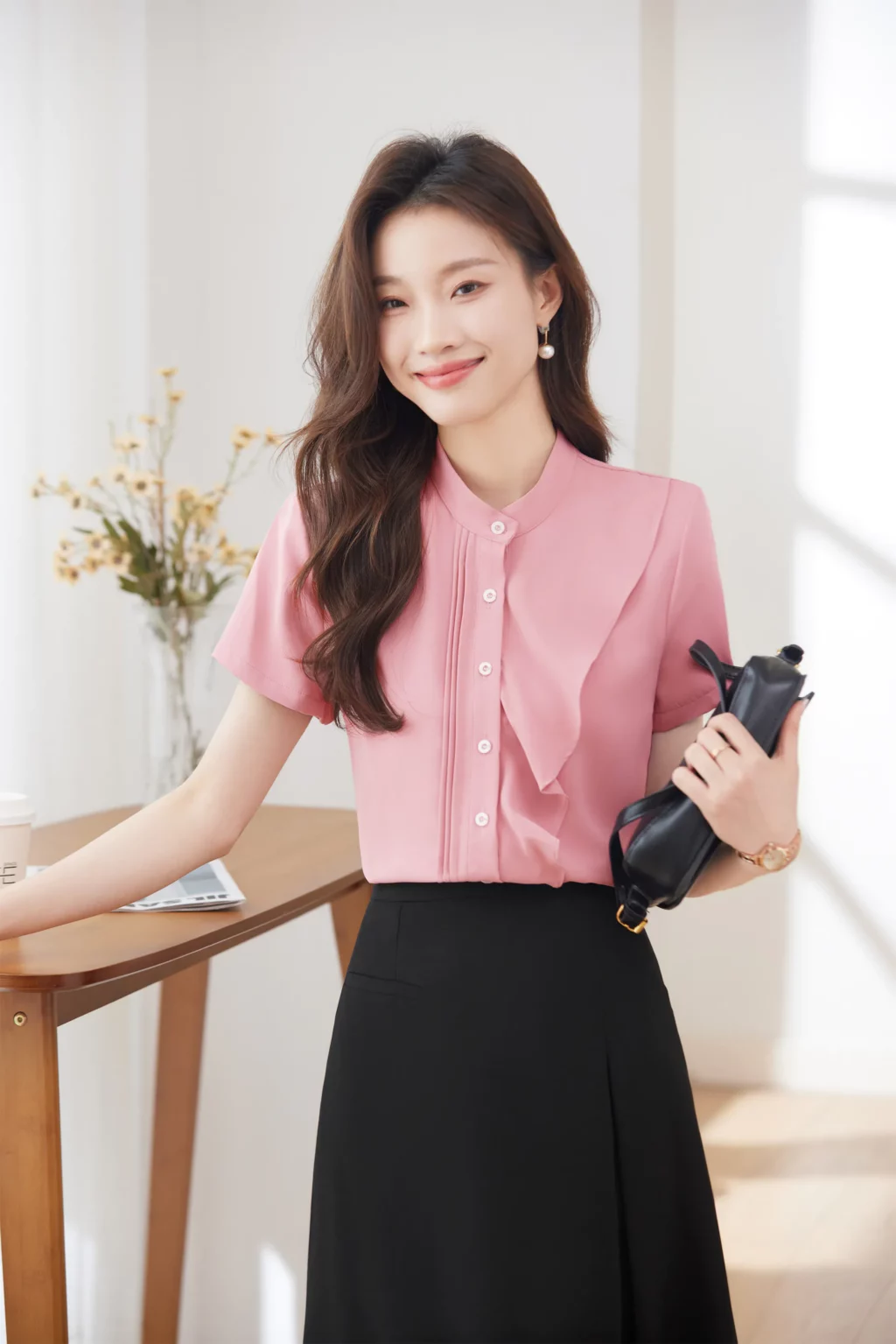 PN3895-6 เสื้อเชิ้ตทำงานผู้หญิงสีชมพูแต่งระบายแขนสั้น