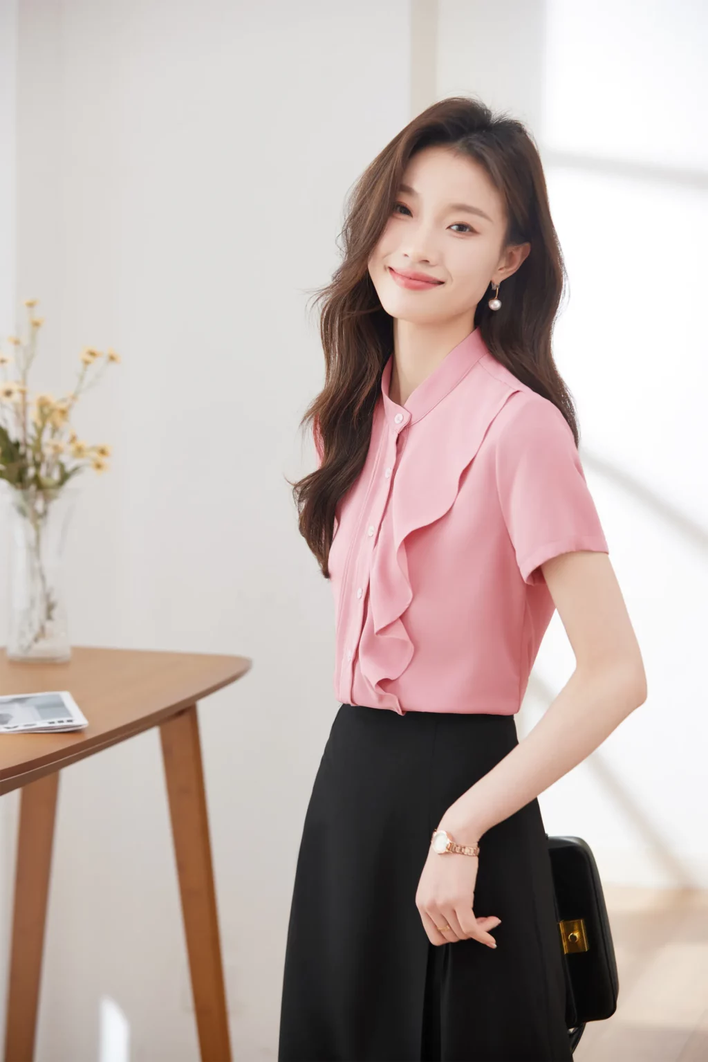 PN3895-7 เสื้อเชิ้ตทำงานผู้หญิงสีชมพูแต่งระบายแขนสั้น