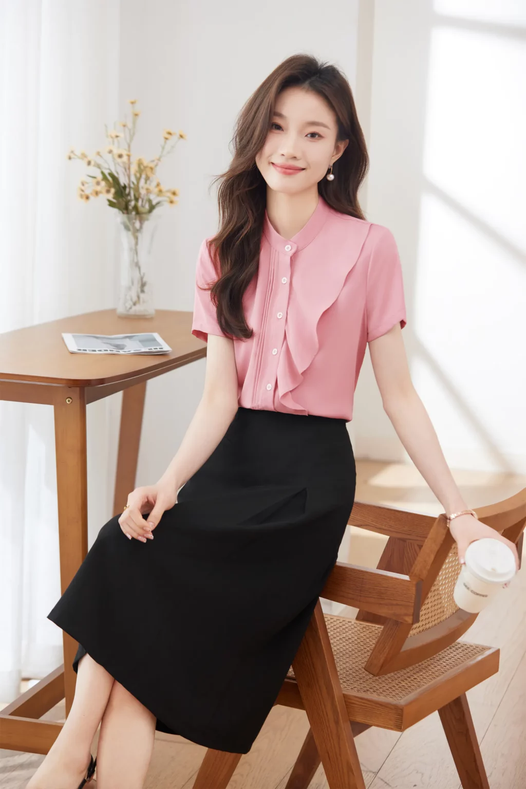 PN3895-8 เสื้อเชิ้ตทำงานผู้หญิงสีชมพูแต่งระบายแขนสั้น