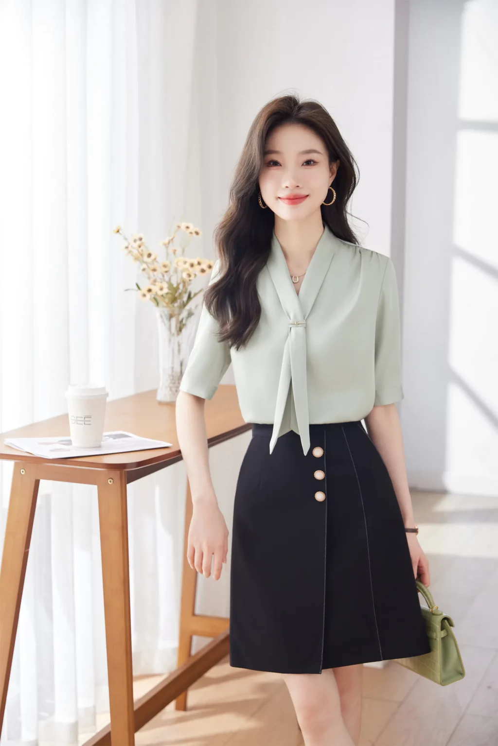 PN3909-10 เสื้อเชิ้ตทำงานผู้หญิงสีเขียวคอวีแต่งเน็คไทแขนสั้น