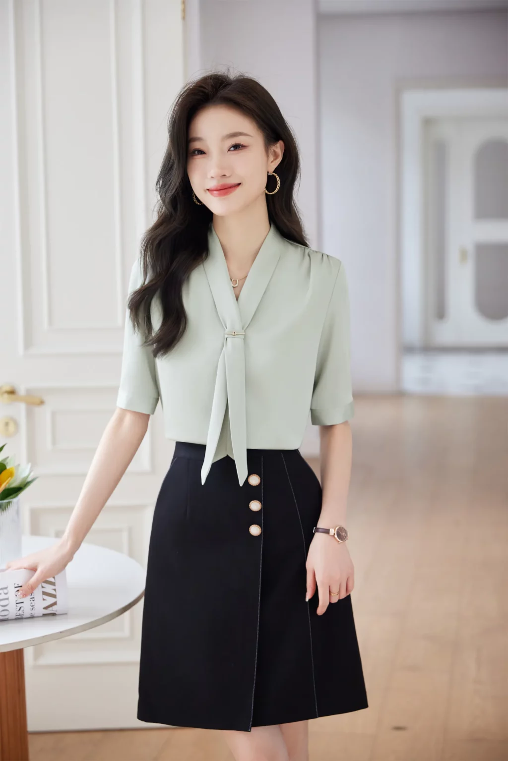 PN3909-2 เสื้อเชิ้ตทำงานผู้หญิงสีเขียวคอวีแต่งเน็คไทแขนสั้น