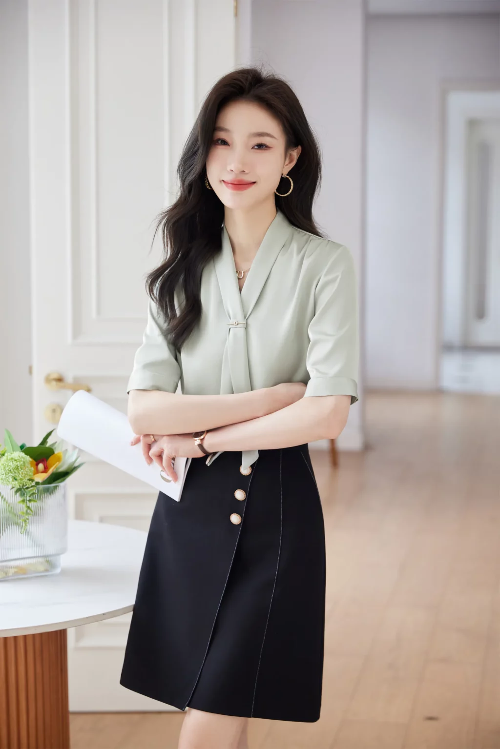 PN3909-3 เสื้อเชิ้ตทำงานผู้หญิงสีเขียวคอวีแต่งเน็คไทแขนสั้น