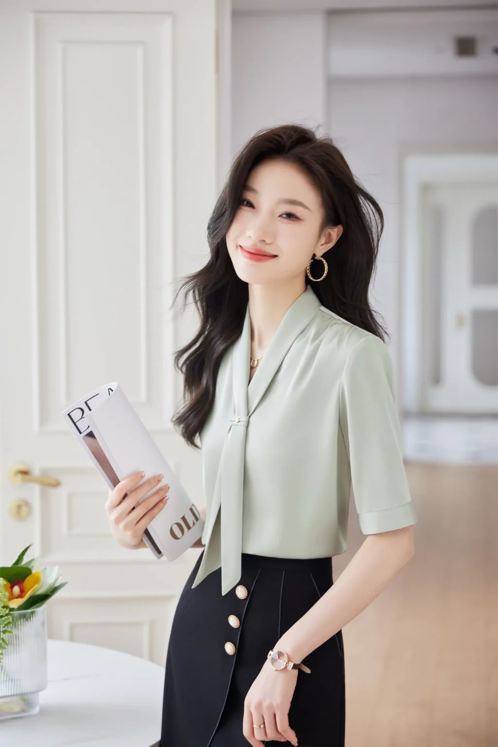 PN3909-5 เสื้อเชิ้ตทำงานผู้หญิงสีเขียวคอวีแต่งเน็คไทแขนสั้น