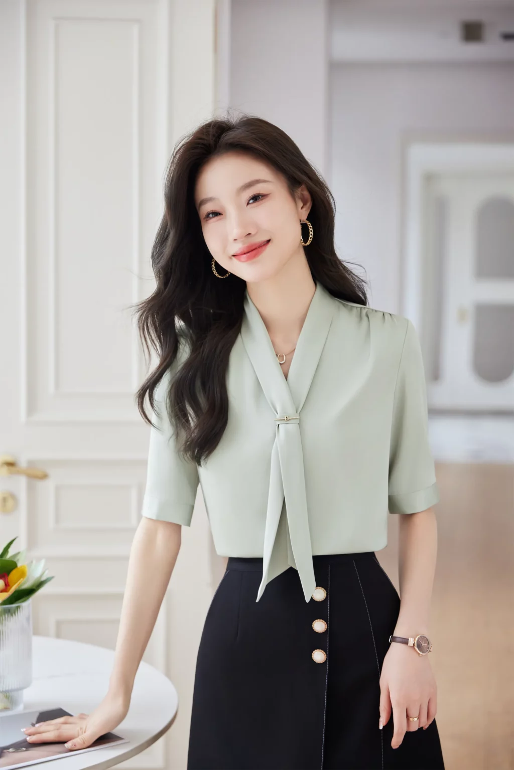PN3909-6 เสื้อเชิ้ตทำงานผู้หญิงสีเขียวคอวีแต่งเน็คไทแขนสั้น