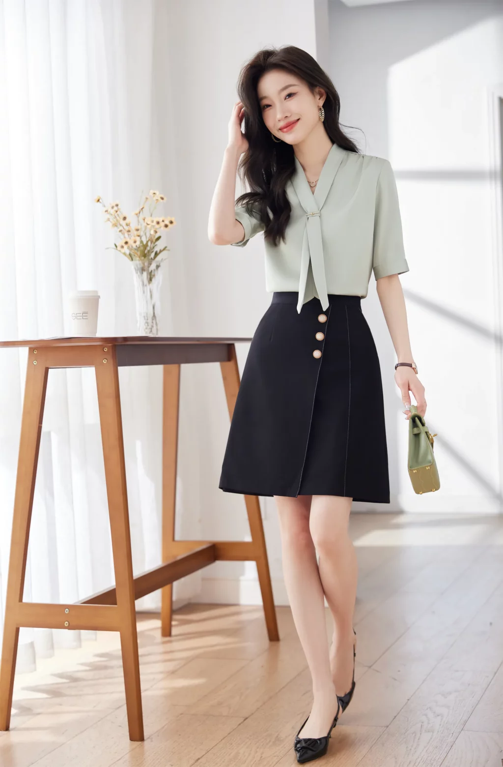 PN3909-8 เสื้อเชิ้ตทำงานผู้หญิงสีเขียวคอวีแต่งเน็คไทแขนสั้น