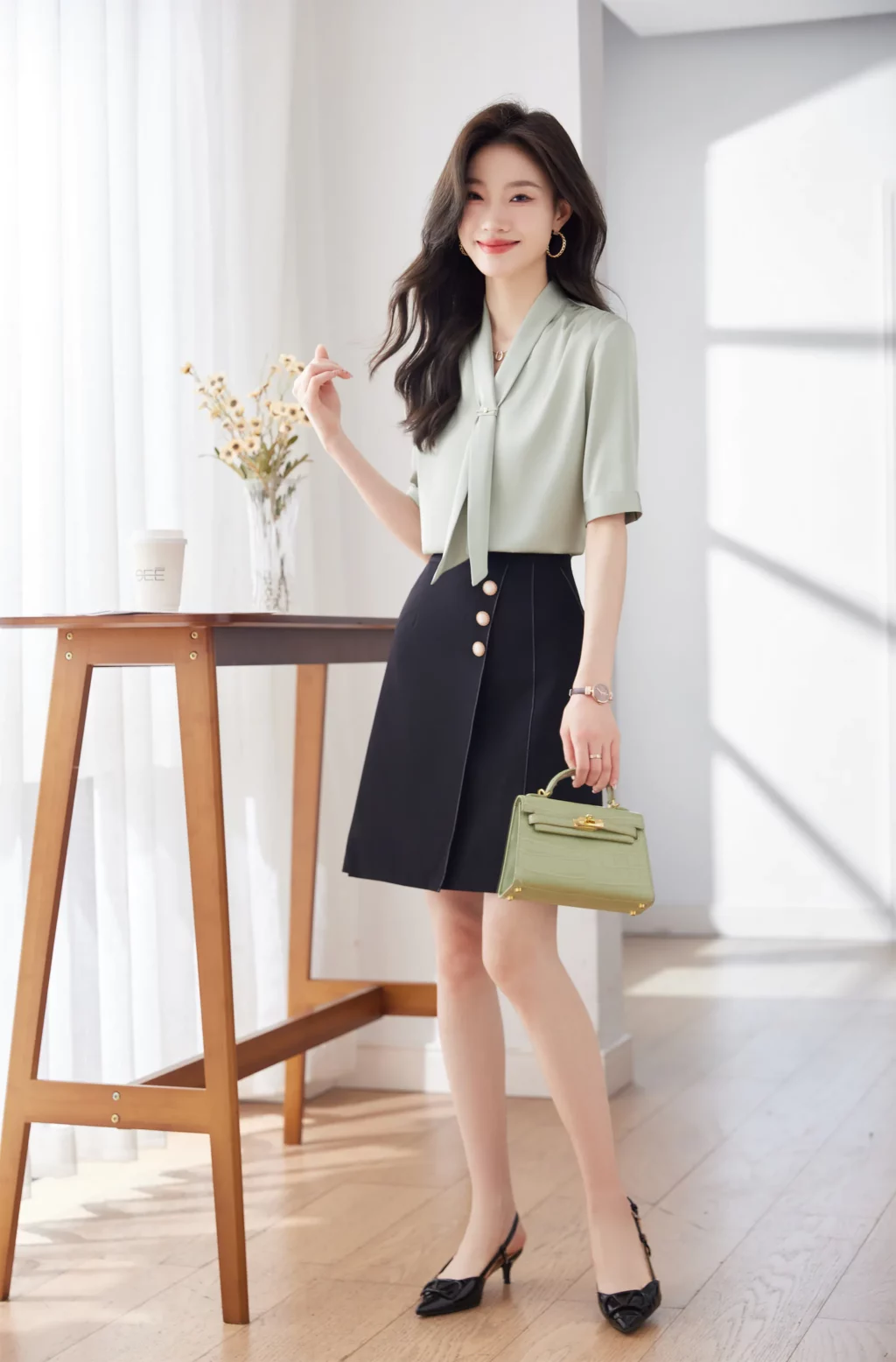PN3909-9 เสื้อเชิ้ตทำงานผู้หญิงสีเขียวคอวีแต่งเน็คไทแขนสั้น