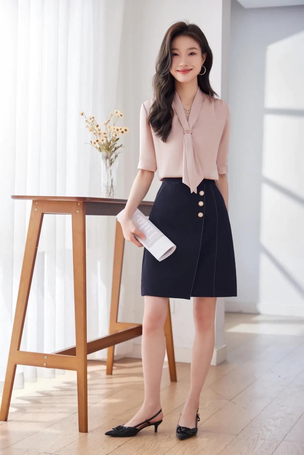 PN3910-1 เสื้อเชิ้ตทำงานผู้หญิงสีชมพูคอวีแต่งเน็คไทแขนสั้น