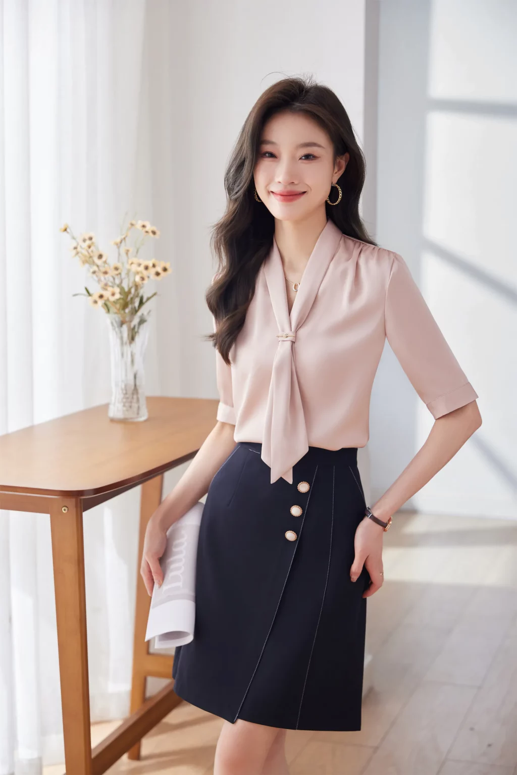 PN3910-2 เสื้อเชิ้ตทำงานผู้หญิงสีชมพูคอวีแต่งเน็คไทแขนสั้น