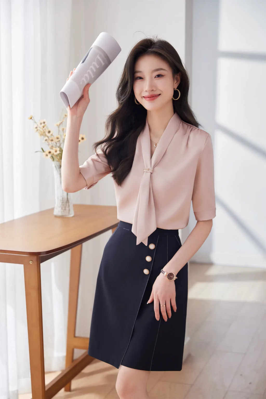 PN3910-3 เสื้อเชิ้ตทำงานผู้หญิงสีชมพูคอวีแต่งเน็คไทแขนสั้น