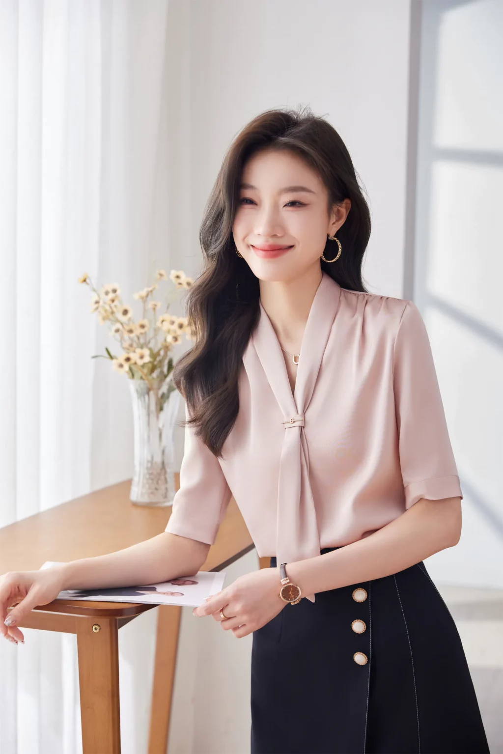 PN3910-5 เสื้อเชิ้ตทำงานผู้หญิงสีชมพูคอวีแต่งเน็คไทแขนสั้น