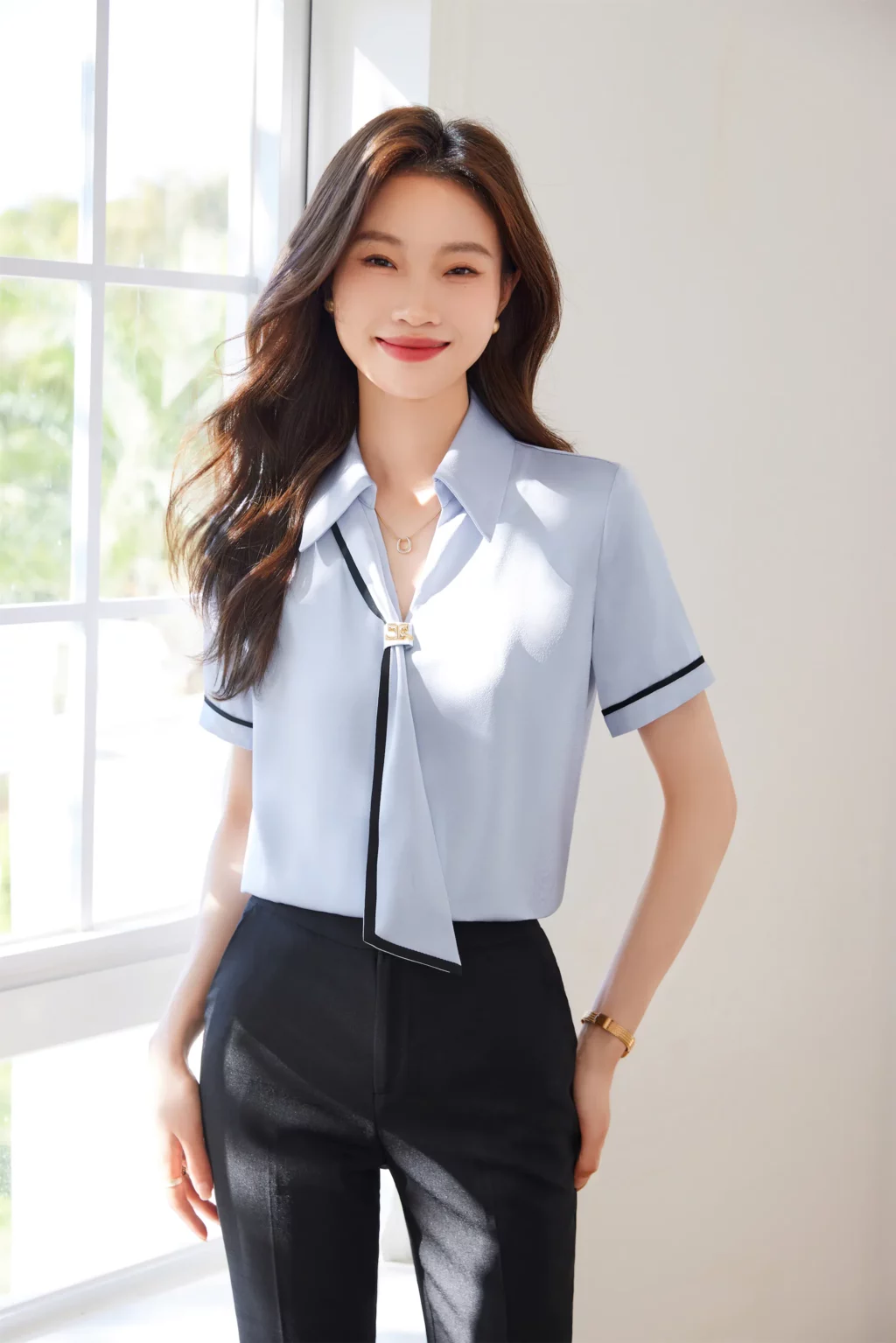 PN3911-3 เสื้อเชิ้ตทำงานผู้หญิงสีเทาคอปกแต่งเน็คไทแขนสั้น